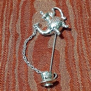 Avon Signed Tea Pot & Tea Cup Silver Tone Stick Brooch/Pin